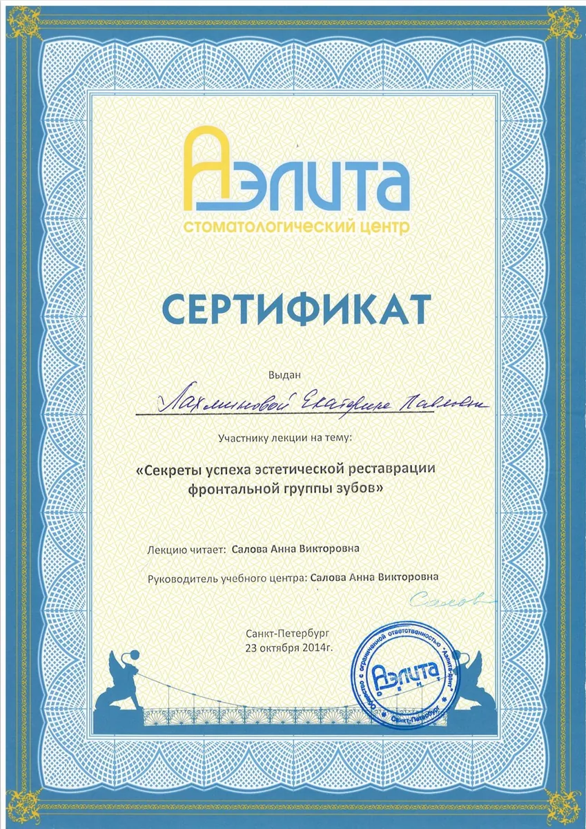 2014 Сертификат секреты успеха эстетической реставрации