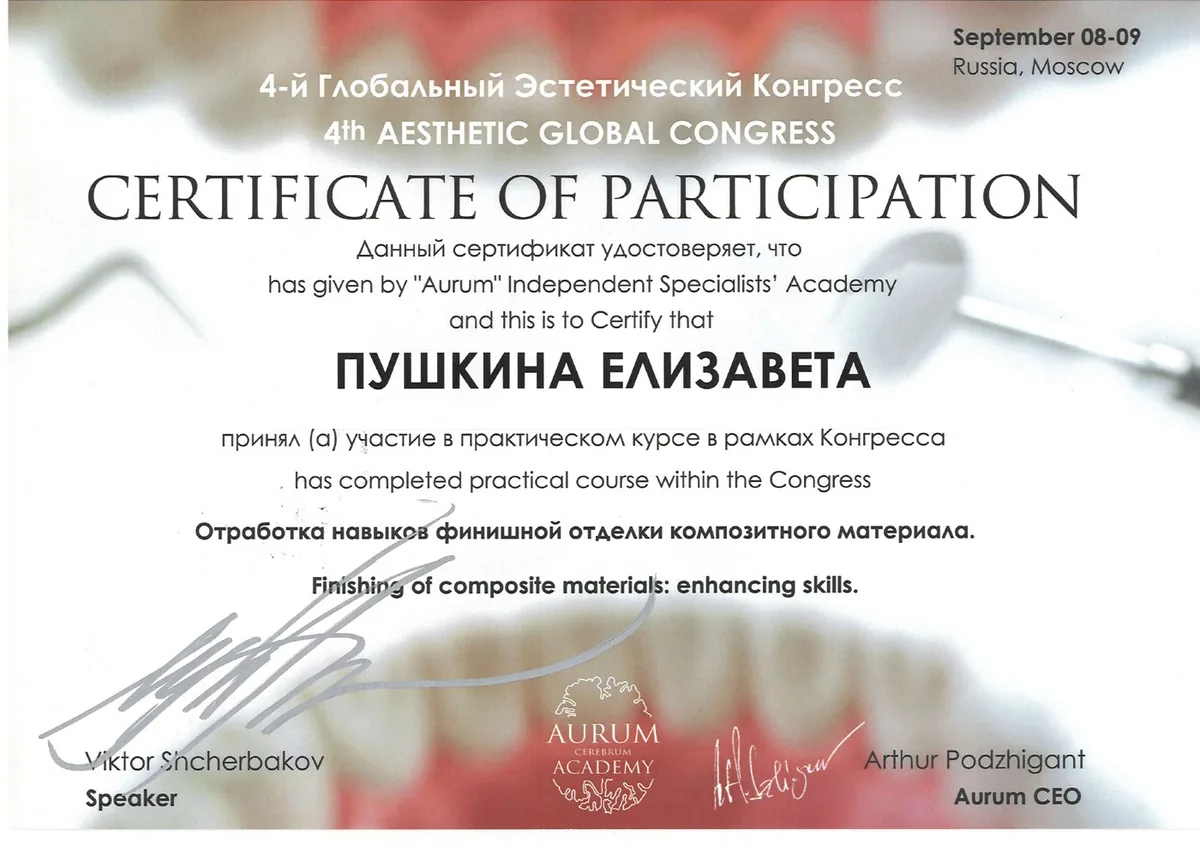 2019 Отработка навыков финишной отделки композитного материала. 4-й глобальный Эстетический Конгресс