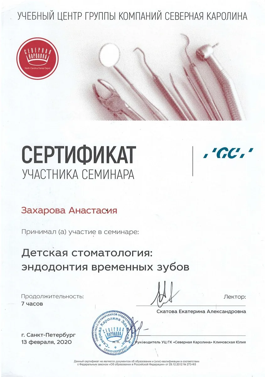 2020 Детская стоматолог эндодонтия временных зубов ( ГК СЕВЕРНАЯ КАРОЛИНА, Скатова Е. А.)